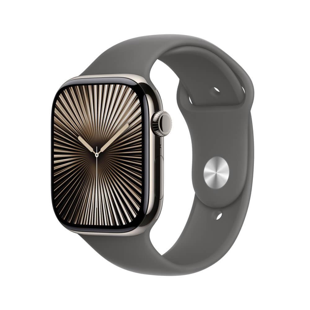 Apple Watch Series 10 GPS + Cellular • Caixa natural de titânio – 46 mm • Pulseira esportiva cinza-pedra – P/M - 1