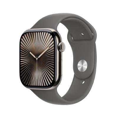 Apple Watch Series 10 GPS + Cellular • Caixa natural de titânio – 46 mm • Pulseira esportiva cinza-pedra – P/M