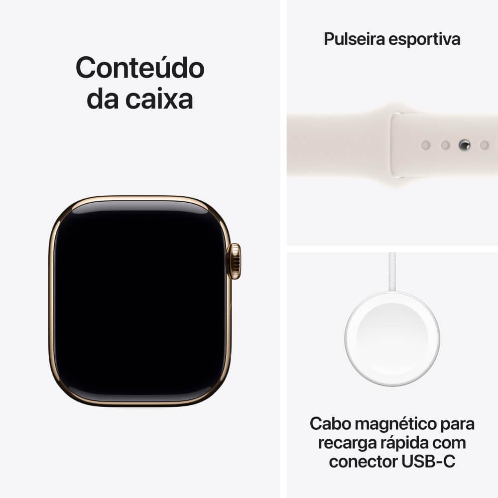 Apple Watch Series 10 GPS + Cellular • Caixa dourada de titânio – 42 mm • Pulseira esportiva estelar – M/G - 9