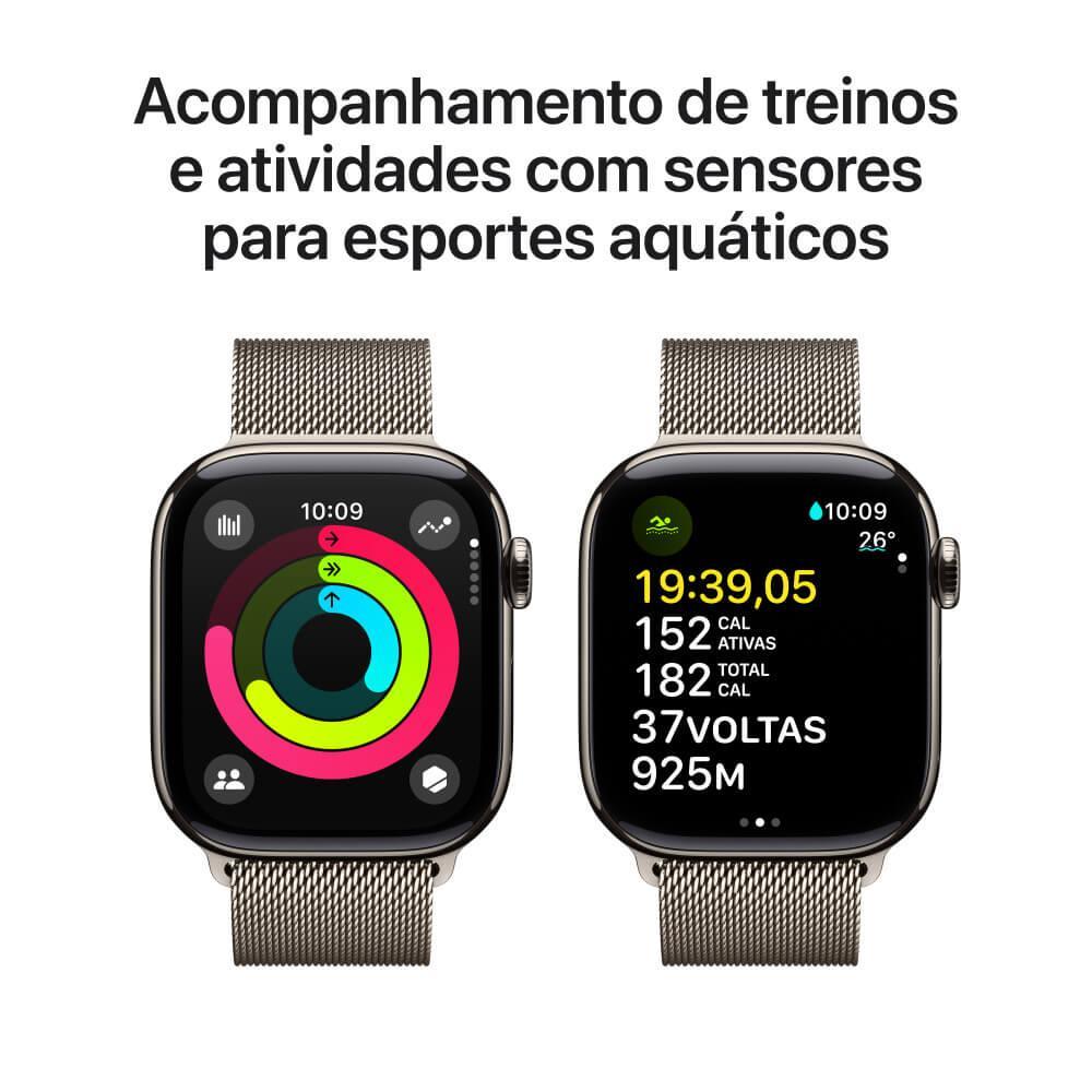 Apple Watch Series 10 GPS + Cellular • Caixa natural de titânio – 42 mm • Pulseira natural estilo milanês - 4