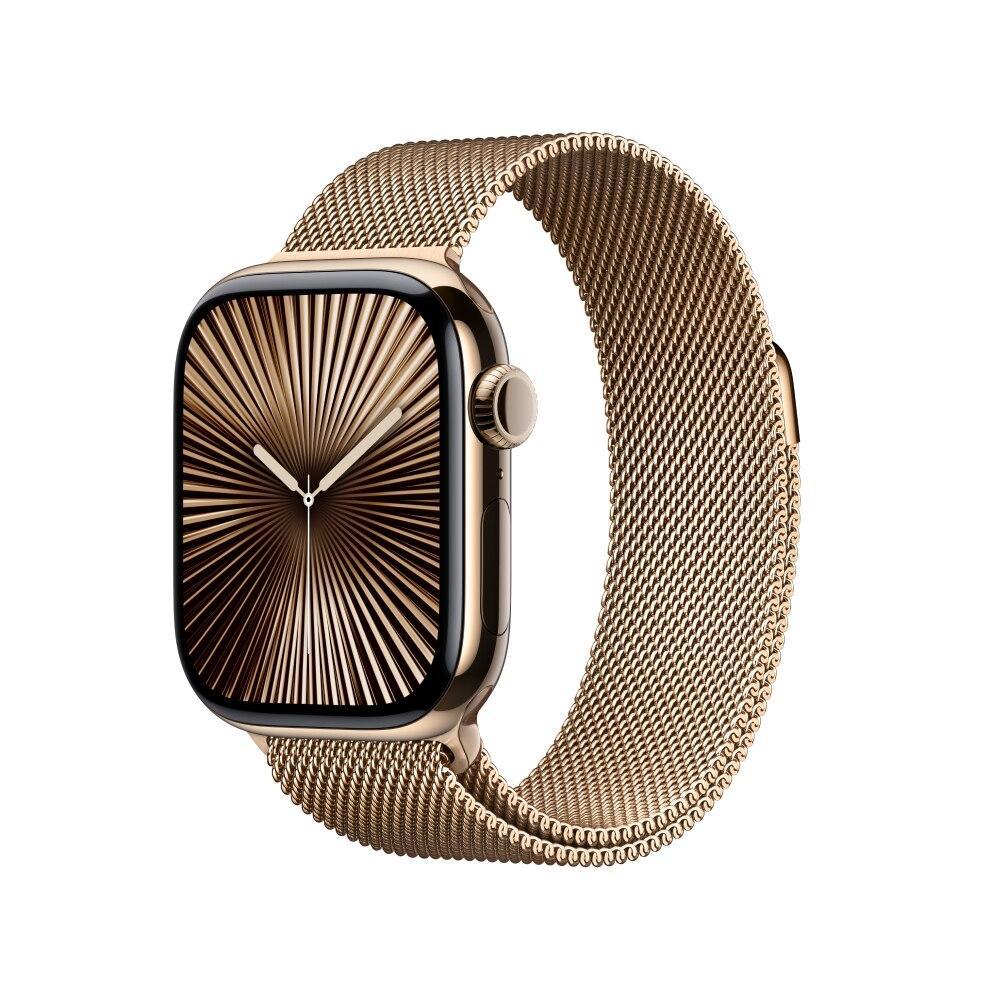 Apple Watch Series 10 GPS + Cellular • Caixa dourada de titânio – 42 mm • Pulseira dourada estilo milanês - 1