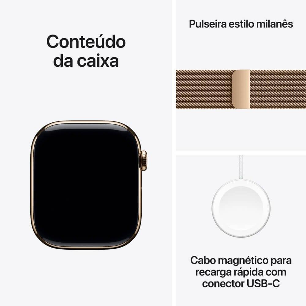 Apple Watch Series 10 GPS + Cellular • Caixa dourada de titânio – 42 mm • Pulseira dourada estilo milanês - 9