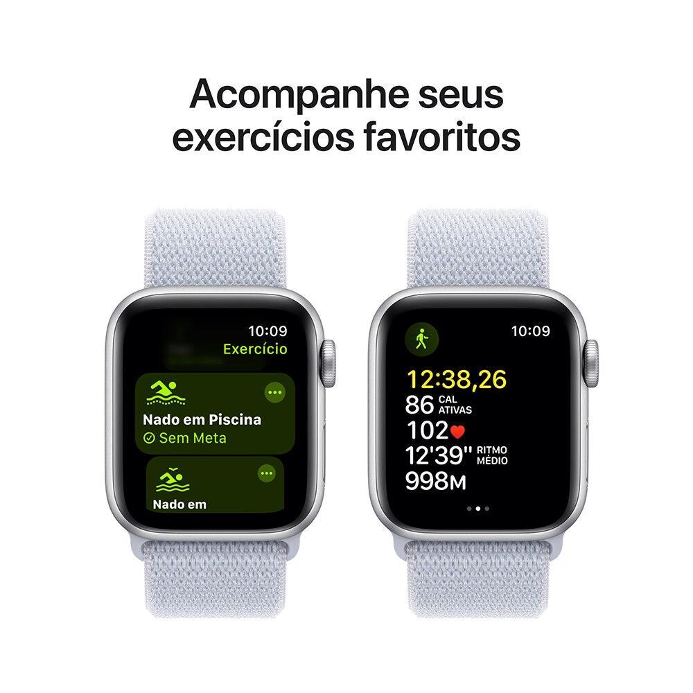 Apple Watch SE GPS + Cellular • Caixa prateada de alumínio – 40 mm • Pulseira loop esportiva nuvem azul - 6