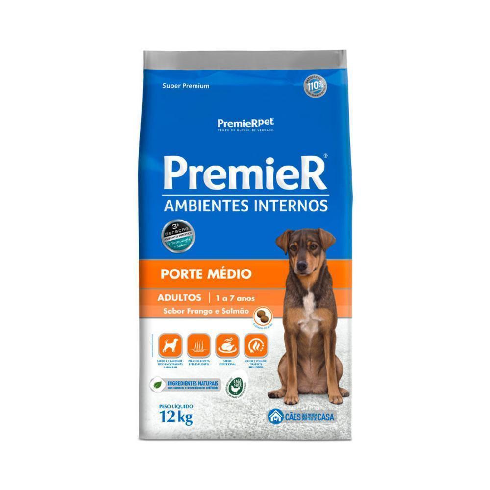 Ração Premier Ambientes Internos para Cães Adultos de Médio Porte Sabor Frango e Salmão 12kg - 1