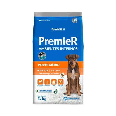 Ração Premier Ambientes Internos para Cães Adultos de Médio Porte Sabor Frango e Salmão 12kg
