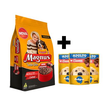 Kit 1 unidade Ração Todo Dia para Cães Adultos Magnus 15kg + 3 unidades Ração Úmida Pedigree Sachê Carne ao Molho para Cães Adultos 100g