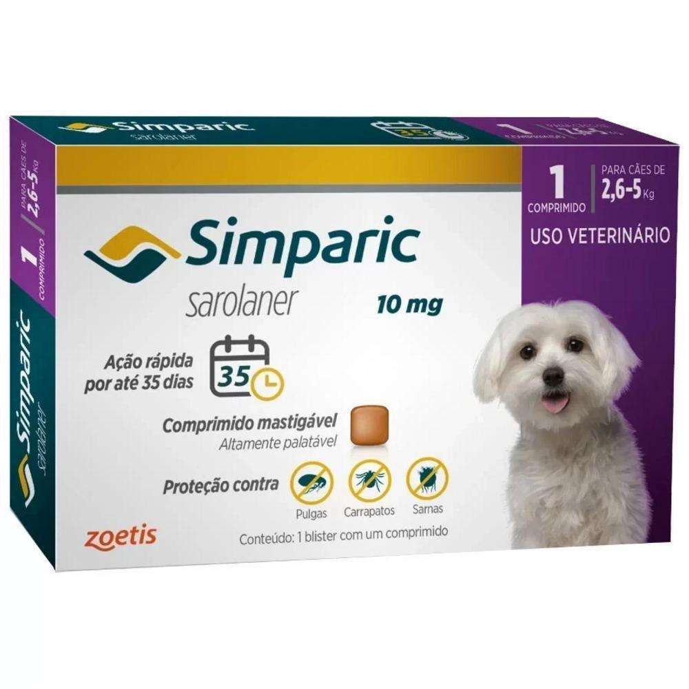 Antipulga Simparic 10Mg para Cães de 2,6 a 5Kg Zoetis Caixa com 1 Comprimido - 1
