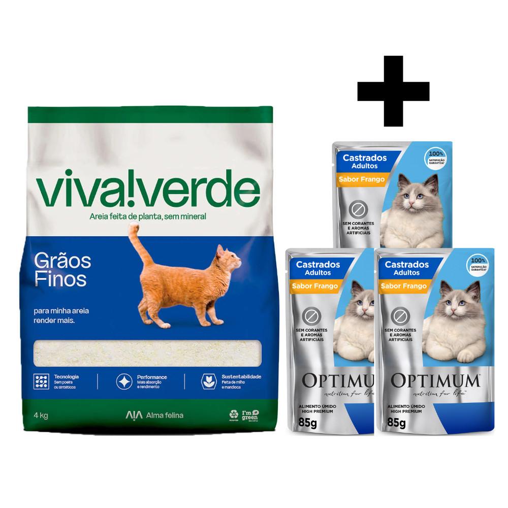 Kit 1 unidade de Areia Higiênica Petfive Viva Verde Limpeza Plena para Gatos 4kg 3 unidades de Ração Úmida Optimum Sachê para Gatos Adultos Castrados - 1
