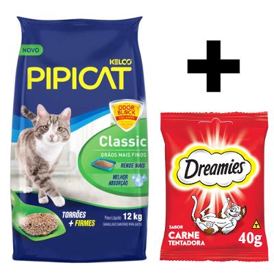Kit 1 unidade de Areia para Gato Pipicat Classic 12Kg + 1 unidade de Petisco Dreamies Carne Tentadora Gatos Adultos 40g