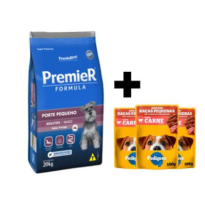 Kit 1 unidade Ração Formula Cães Adultos Raças Pequenas 20kg PremierPet + 3 unidades Ração Úmida Pedigree Sachê Carne Molho para Cães Adultos