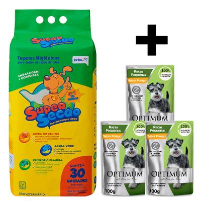 Kit 1 unidade de 3 Tapete Higiênico Max Citrus Slim Super Secão Petix 30 unidades 3 unidades de Ração Úmida Optimum Sachê para Cães Adultos