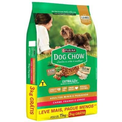 Ração Seca Nestlé Purina Dog Chow Extra Life Cães Adultos Carne, Frango e Arroz Raças Mini e Pequenas - 15 + 3Kg