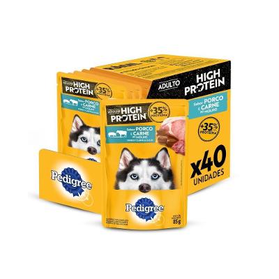Kit Ração Úmida Sachê High Protein Cães Adultos Porco e Carne ao Molho 40 Unidades Pedigree