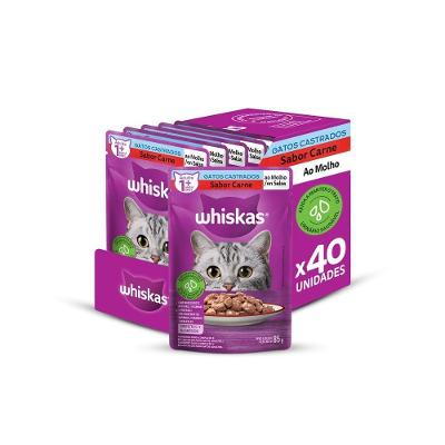 Kit Ração Úmida Sachê Carne ao Molho para Gatos Adultos Castrados 40 Unidades Whiskas