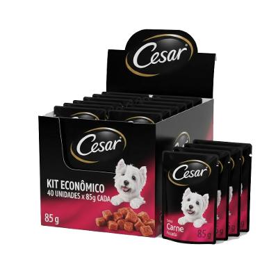 Kit Ração Úmida Cesar Sachê Cortes Selecionados Carne Assada ao Molho para Cães Adultos 40 Unidades