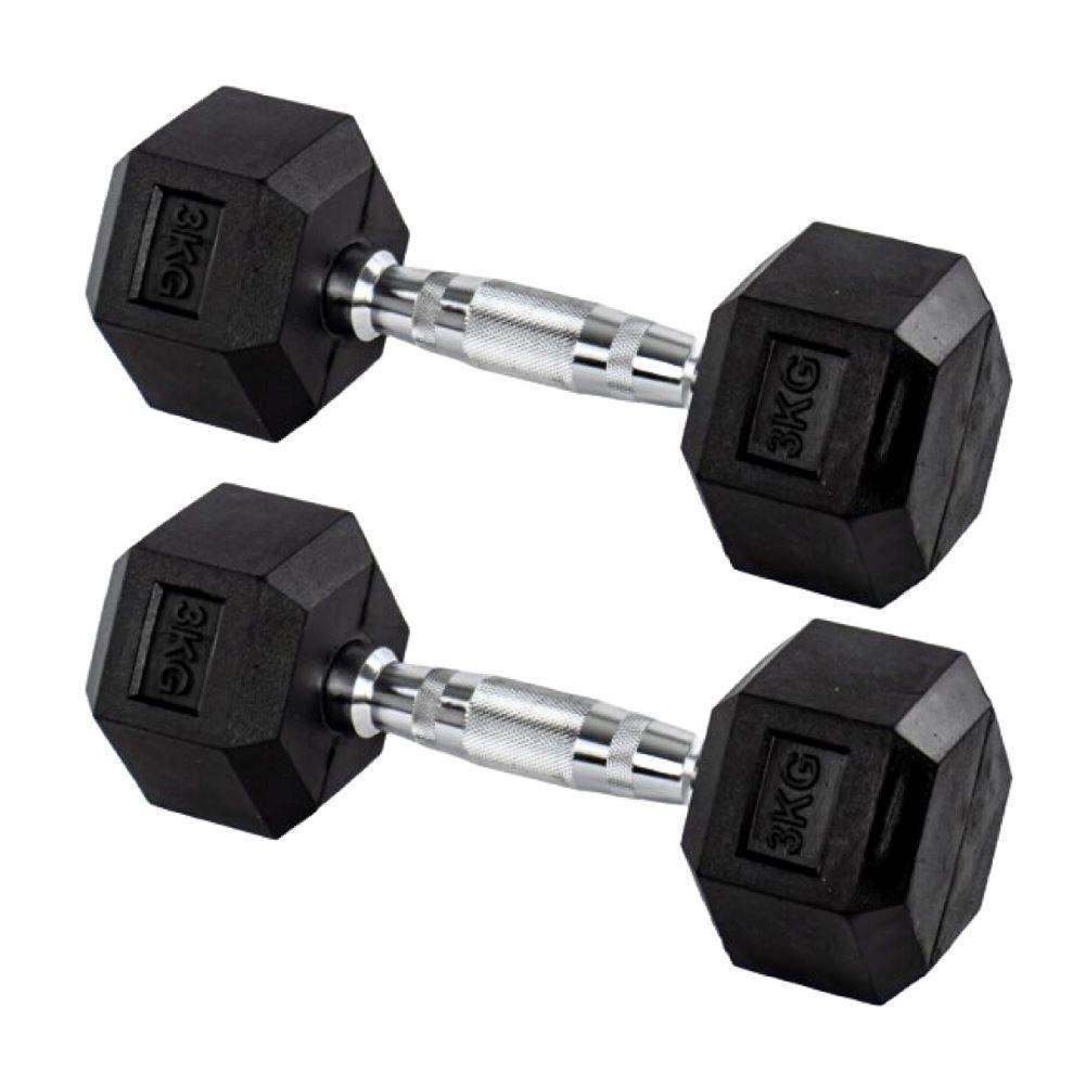 Par Halter 3kg + 3kg Dumbbell Sextavado Emborrachado Pegada Cromada Gallant (GDB03F3B-PT) - 2