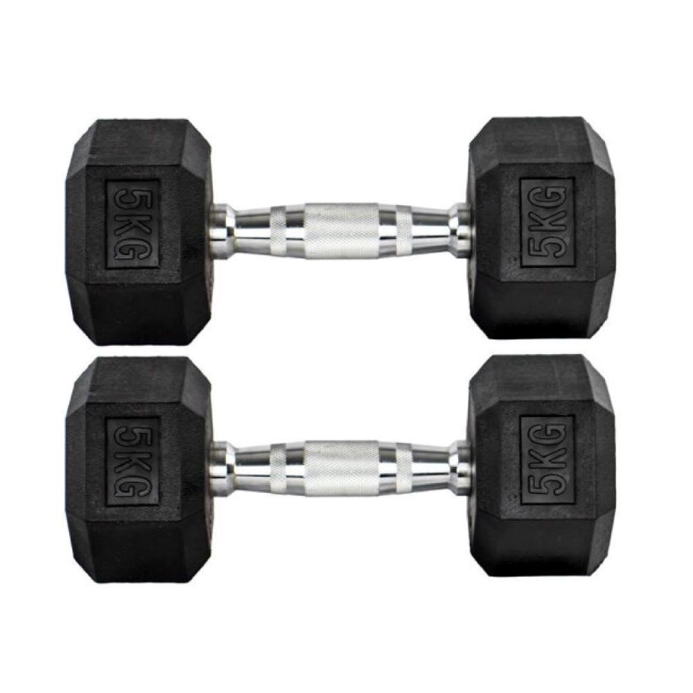 Par Halter 5kg + 5kg Dumbbell Sextavado Emborrachado Pegada Cromada Gallant (GDB05F3B-PT) - 1