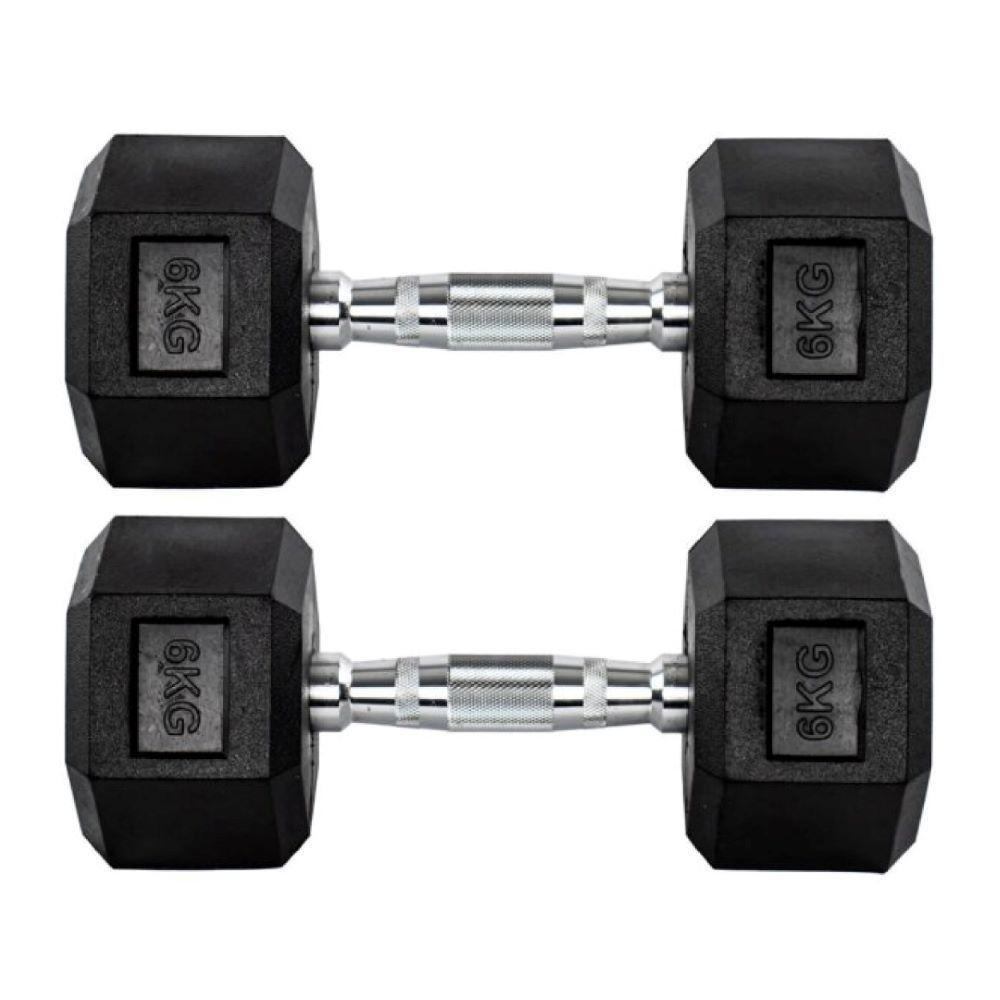 Par Halteres 6kg + 6kg Dumbbell Sextavado Emborrachado Pegada Cromada Gallant (GDB06F3B-PT) - 1