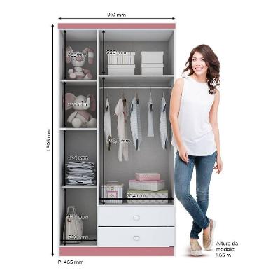 Guarda Roupa Infantil Bala de Menta 3 Portas de Bater 2 Gavetas MDP Brilhante Texturizado Branco Ou