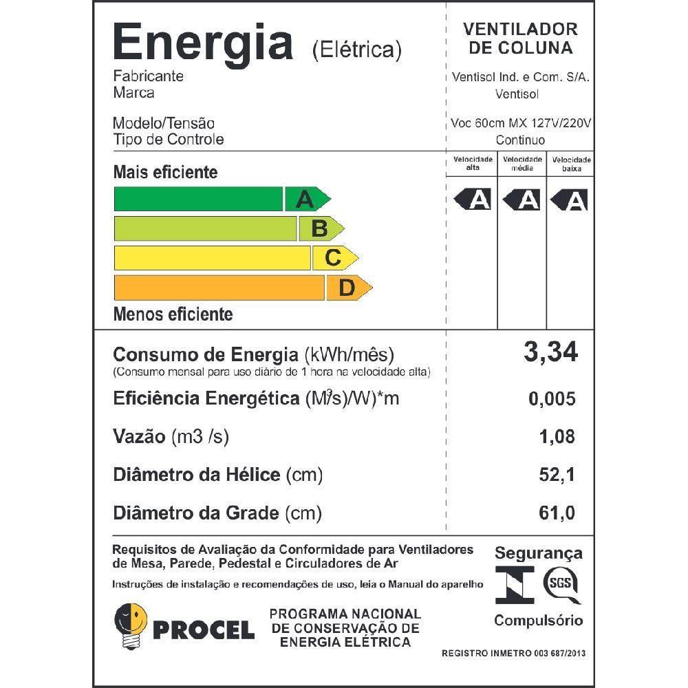 Ventilador de Coluna Ventisol Comercial Prof 60CM Preto Bivolt 536 - 7