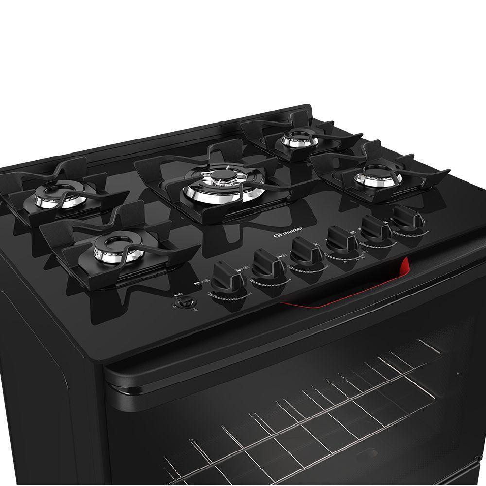Fogão Mueller 5 Bocas Preto Bivolt Mesa de Vidro e Tripla Chama MFV5BF - 3