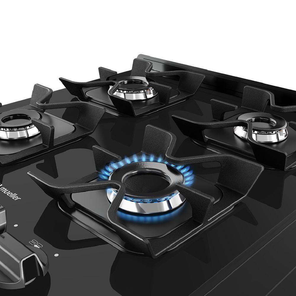 Fogão Mueller 4 Bocas Preto Bivolt Mesa De Vidro Grades Ferro Fundido MFV4BF - 4