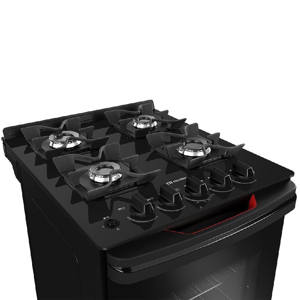 Fogão Mueller 4 Bocas Preto Bivolt Mesa De Vidro Grades Ferro Fundido MFV4BF - 5