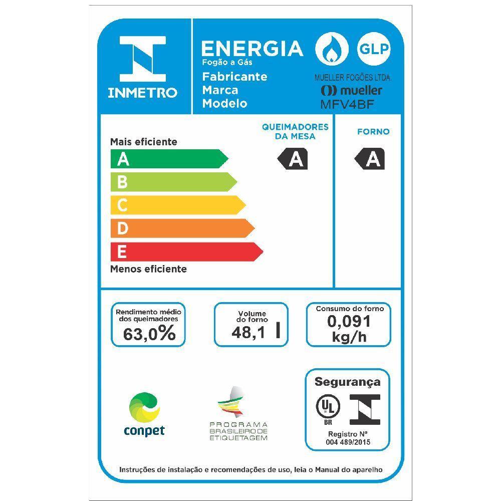 Fogão Mueller 4 Bocas Preto Bivolt Mesa De Vidro Grades Ferro Fundido MFV4BF - 8