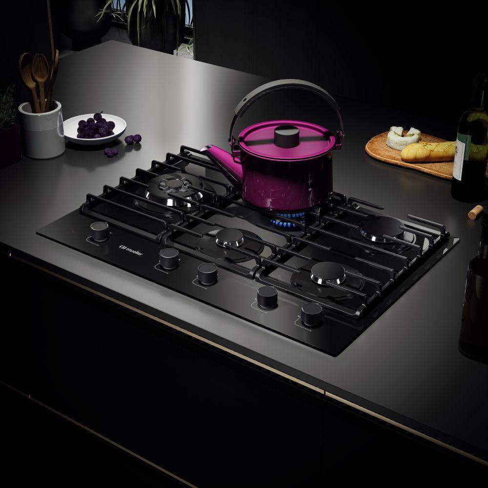 Cooktop Mueller 5 Bocas Vidro Preto Tripla Chama Com Grade Dupla Bivolt MCG5BM - 5
