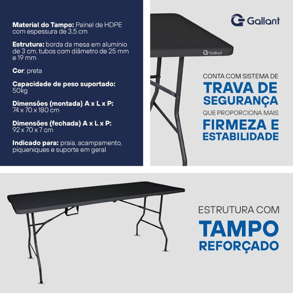 Mesa Dobrável Gallant Vira Maleta Portátil 1,80m Preto com Alça (GMD22A01A-PT) - 2