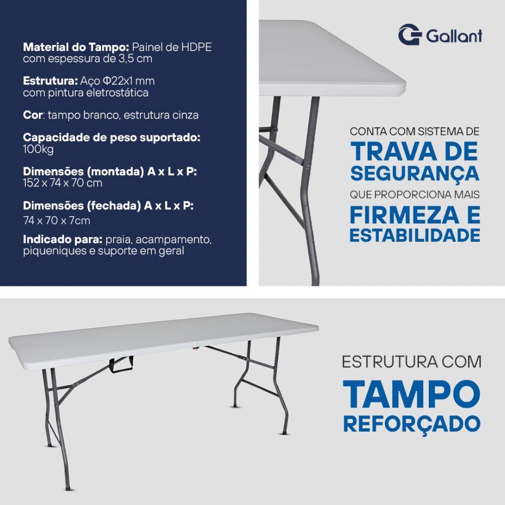 Mesa Dobrável Gallant Vira Maleta Portátil 1,52m Branco com Alça (GMD25A90A-BR) - 2