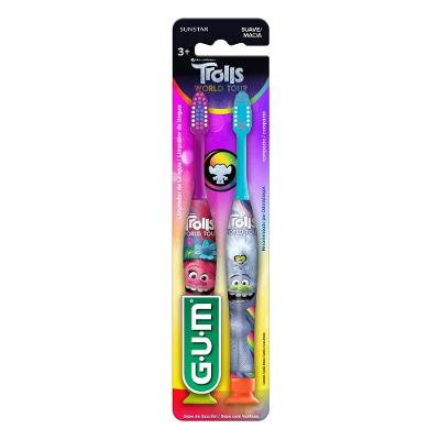 Escova de Dente Infantil Gum Trolls World Tour 3+ Anos Macia 2 Unidades