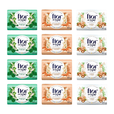 Kit 4 Sabonete Flor Ypê Água de Coco e Alecrim + 4 Bauniha e Amêndoas + 4 Gardênia e Argan 85g Cada