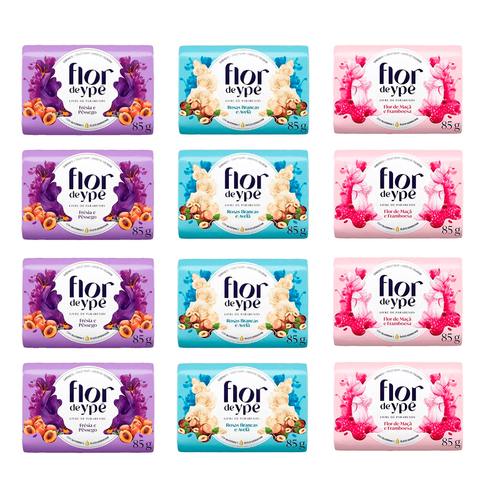 Kit 4 Sabonete Flor Ypê Frésia e Péssego + 4 Maça e Framboesa + 4 Rosas Brancas e Avelã 85g Cada - 1