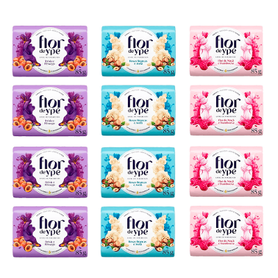 Kit 4 Sabonete Flor Ypê Frésia e Péssego + 4 Maça e Framboesa + 4 Rosas Brancas e Avelã 85g Cada