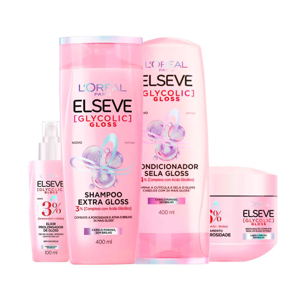 Kit Elseve Glycolic Gloss com Shampoo 400ml + Condicionador 400ml + Máscara Capilar 300g + Sérum 100ml - 1