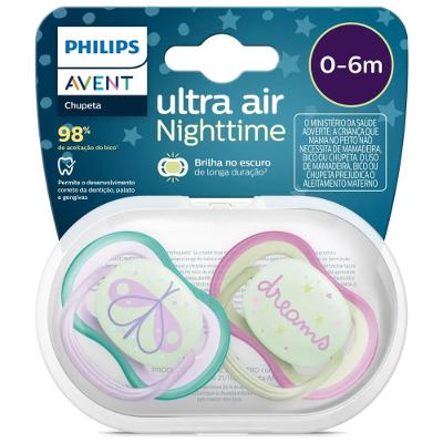 Chupeta Philips Avent Ultra Air Noturna 0 a 6 Meses Verde/rosa 2 Unidades