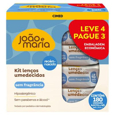 Kit Lenço Umedecido João e Maria Cimed Sem Fragrância 180 Unidades
