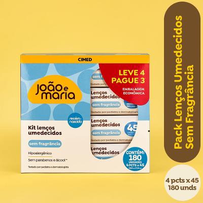 Kit Lenço Umedecido João e Maria Cimed Sem Fragrância 180 Unidades