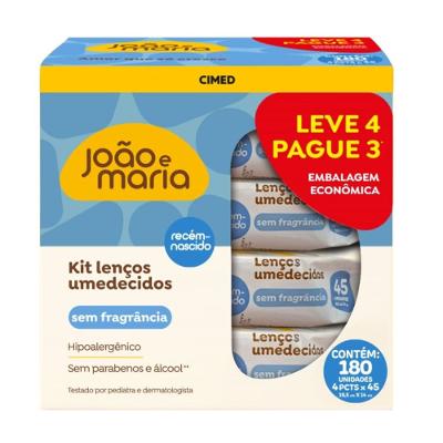 Kit Lenço Umedecido João e Maria Cimed Sem Fragrância 180 Unidades