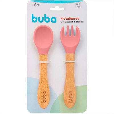 Kit Talheres - Silicone e Bambu - Rosa - Buba