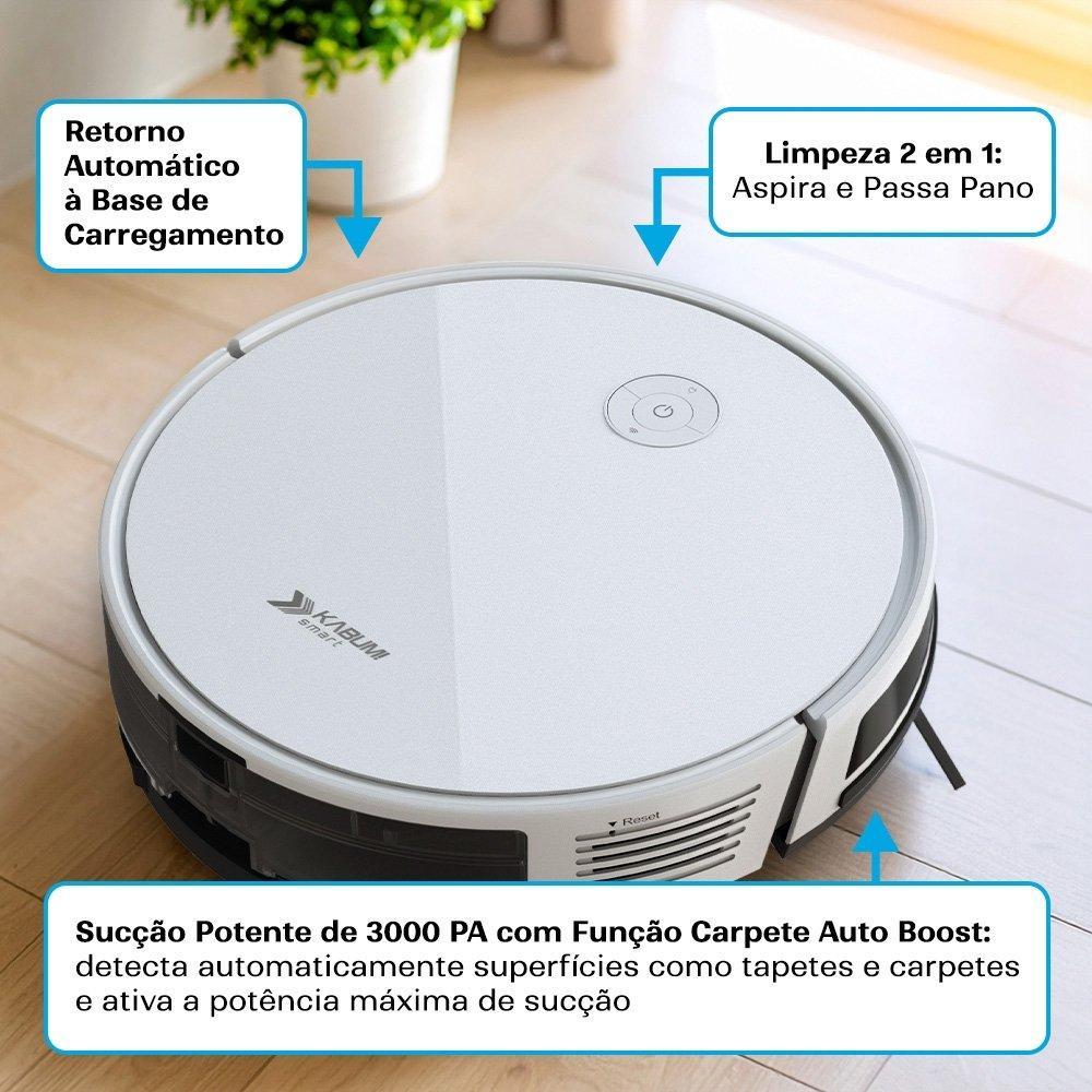 Robô Aspirador e Passa Pano KABUM! smart 550 - 3000Pa, Bateria 100min, Bluetooth, Função Carpete, Bivolt, Branco - KSAR550BR - 2
