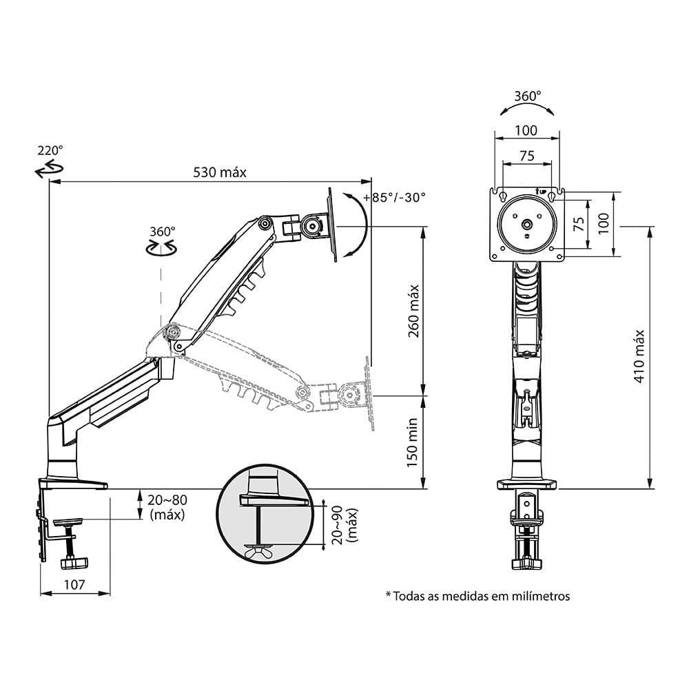 Suporte de Mesa Articulado para Monitores de 17" a 35", ELG, Ajuste de altura com Pistão a Gás - F80N - 6