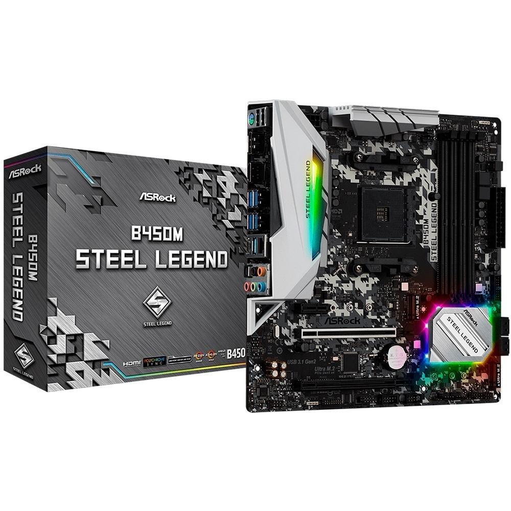 Placa-Mãe ASRock B450M Steel Legend, AMD AM4, mATX, DDR4, Preto - B450M Steel Legend - 1