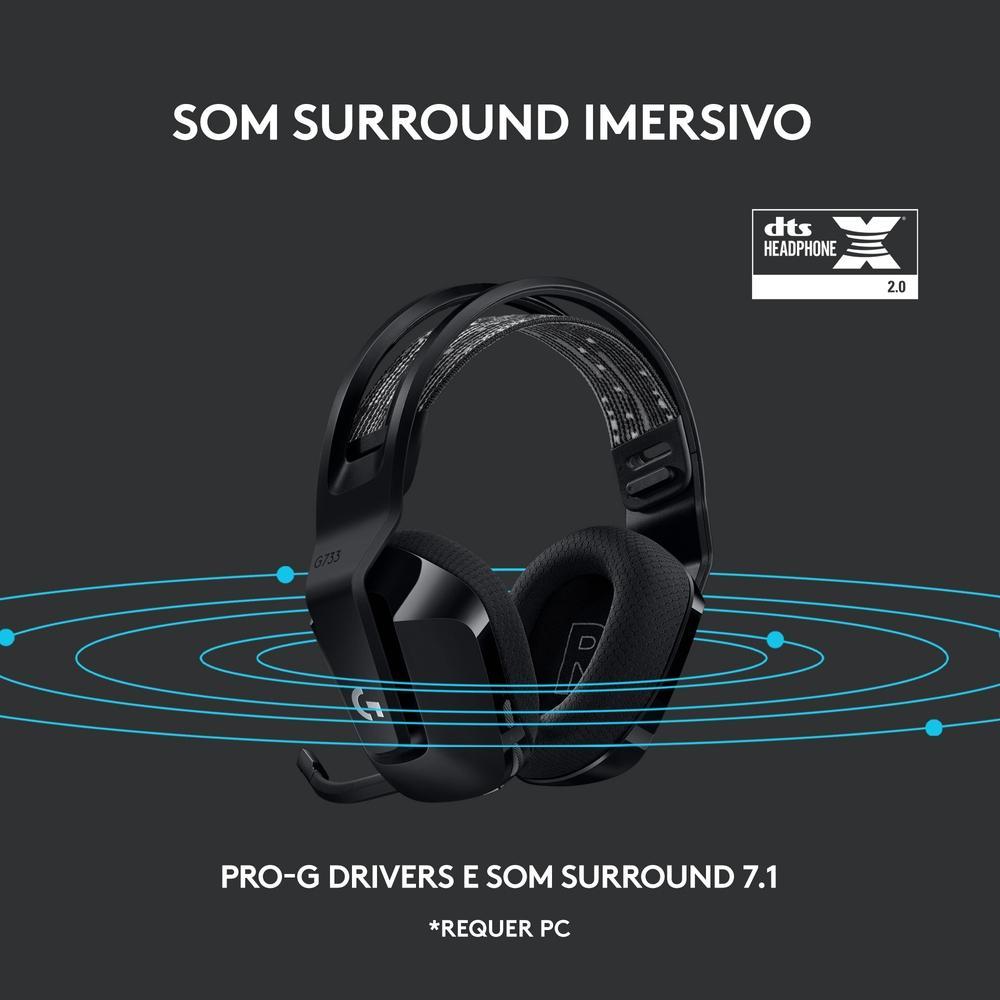 Headset Gamer Sem Fio Logitech G733 7.1 Dolby Surround RGB LIGHTSYNC, Blue VOICE para PC e PlayStation, Preto - 981-000863 - 5