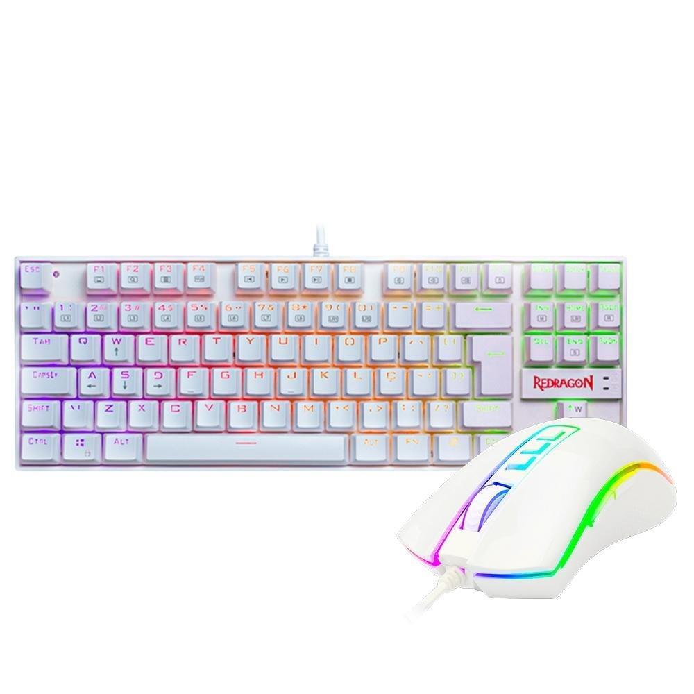 Kit Gamer Redragon Teclado Mecânico Kumara, RGB, Switch Outemu Blue, PT, Branco + Mouse Cobra M711, Chroma, 10000DPI, Branco - S118W - 1