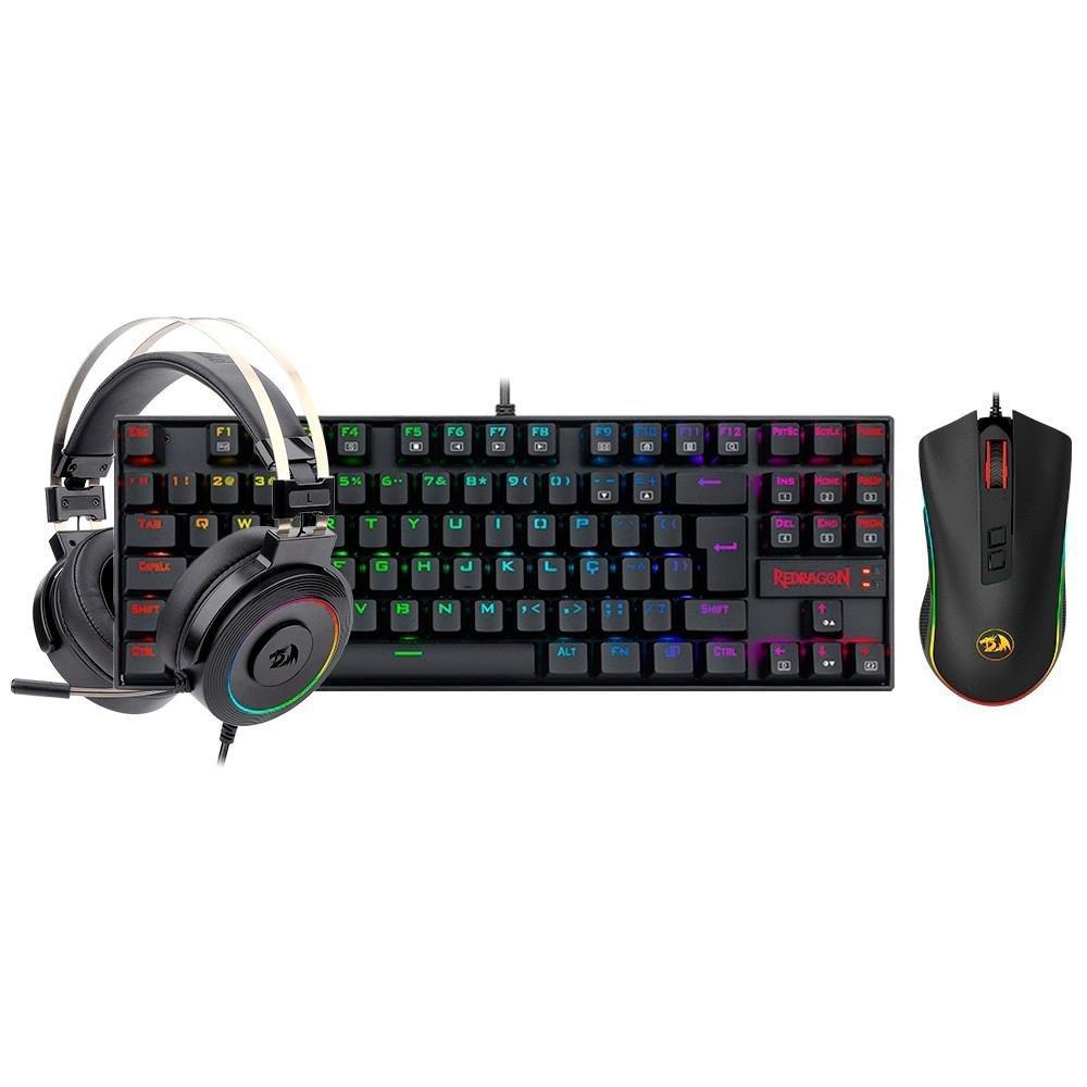 Kit Gamer Redragon RGB, Headset Lamia 2 Surround 7.1 + Teclado Kumara Switch Outemu Blue + Mouse Cobra M711 12400 DPI, Preto - S125 - 8