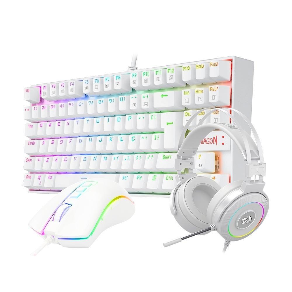 Kit Gamer Redragon RGB Headset Lamia 2 Surround 7.1  + Teclado Kumara Switch Outemu Blue + Mouse Cobra V2, 12400DPI, Branco - S125W - 8