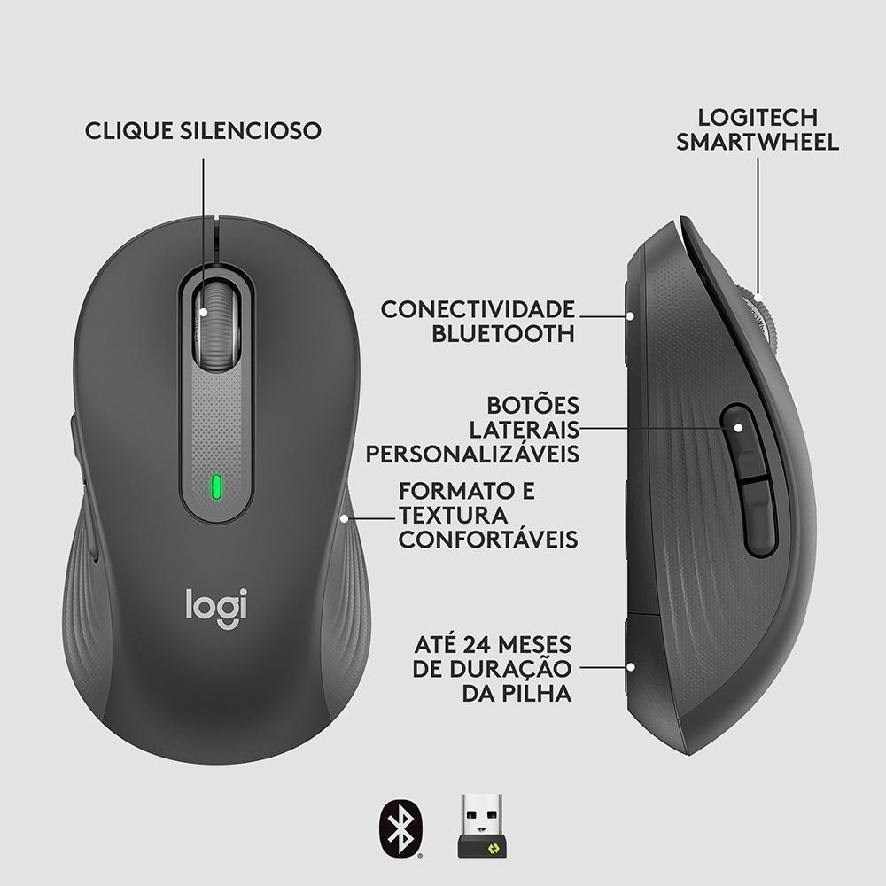Mouse Sem Fio Logitech Signature M650, 2000 DPI, Compacto, 5 Botões, Silencioso, Bluetooth, USB, Grafite - 910-006250 - 7