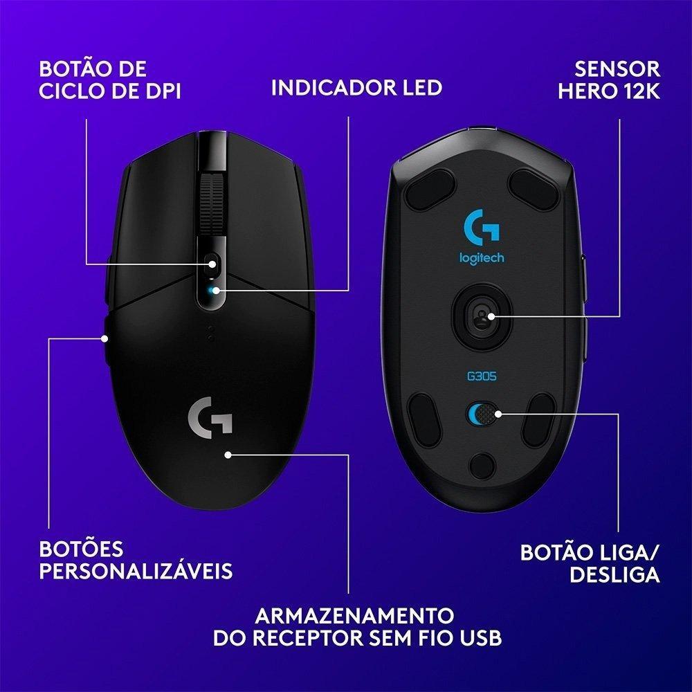 Mouse Gamer Sem Fio Logitech G305 LIGHTSPEED, 12000 DPI, 6 Botões, Preto - 910-005281 - 3